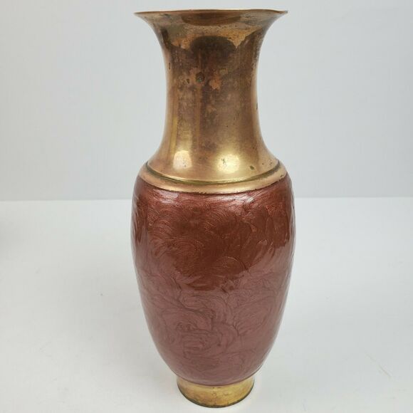 Vintage Mid Century Brass Foundry Vase ART Hand Painted 10 Inch Tall - Picture 1 of 6